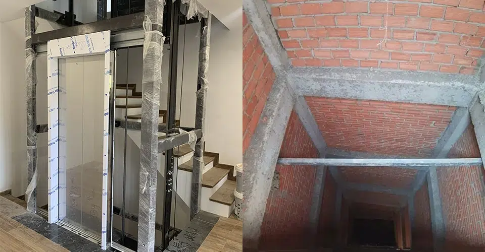 So sánh thang máy khung thép kính và hố bê tông tường gạch