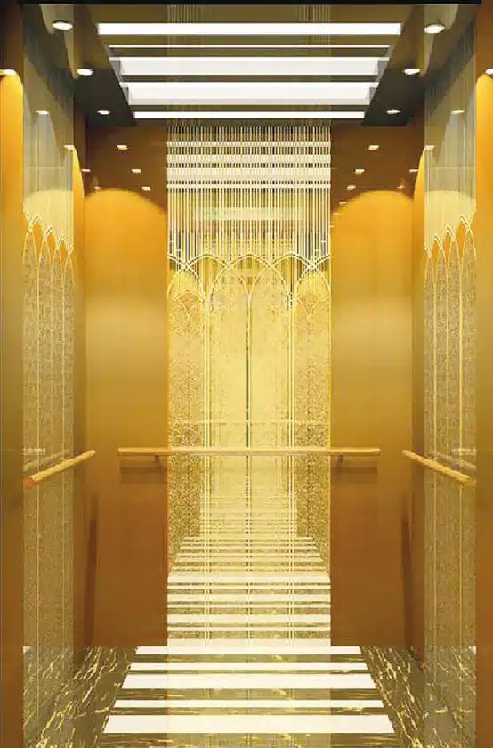 mẫu cabin thang máy inox gương vàng hoa văn đẹp